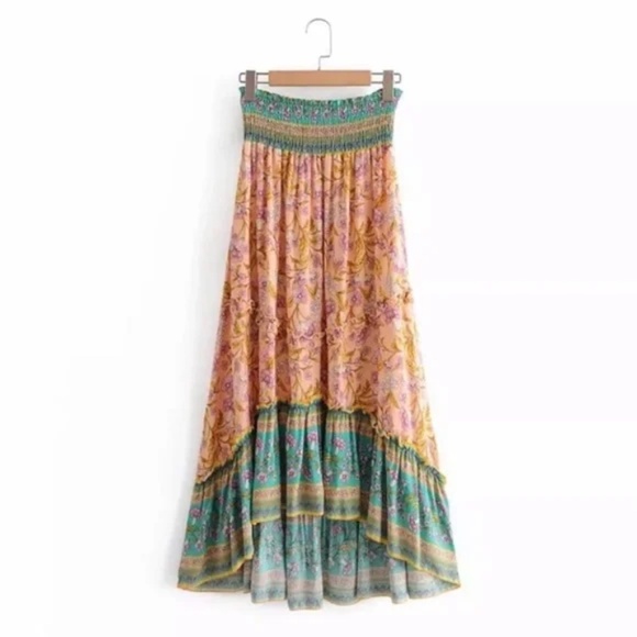 Bohemian Floral Gypsy Elastic Smocked Waist Skirt - Picture 3 of 7